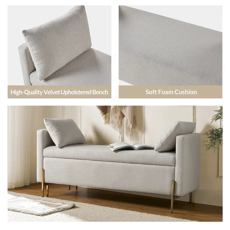 Banc de rangement capitonné à plateau relevable avec deux coussins et accoudoirs