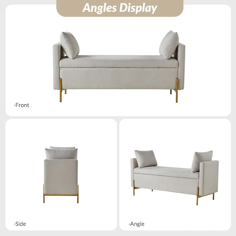Banc de rangement capitonné à plateau relevable avec deux coussins et accoudoirs