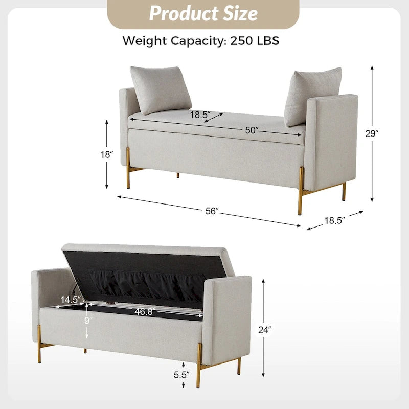 Banc de rangement capitonné à plateau relevable avec deux coussins et accoudoirs