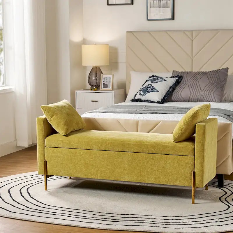 Banc de rangement capitonné à plateau relevable avec deux coussins et accoudoirs