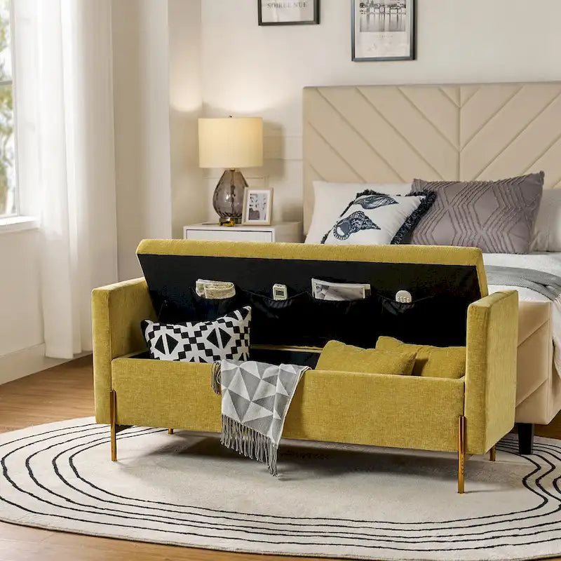 Banc de rangement capitonné à plateau relevable avec deux coussins et accoudoirs