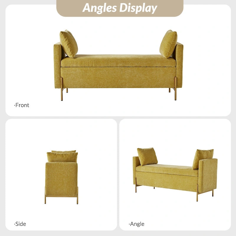 Banc de rangement capitonné à plateau relevable avec deux coussins et accoudoirs