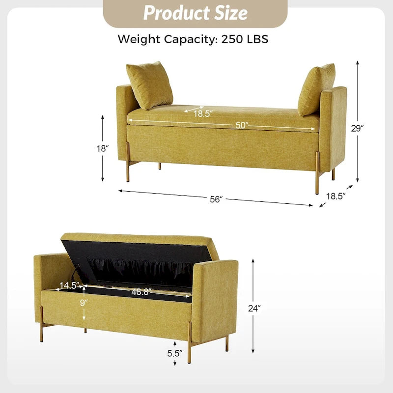 Banc de rangement capitonné à plateau relevable avec deux coussins et accoudoirs