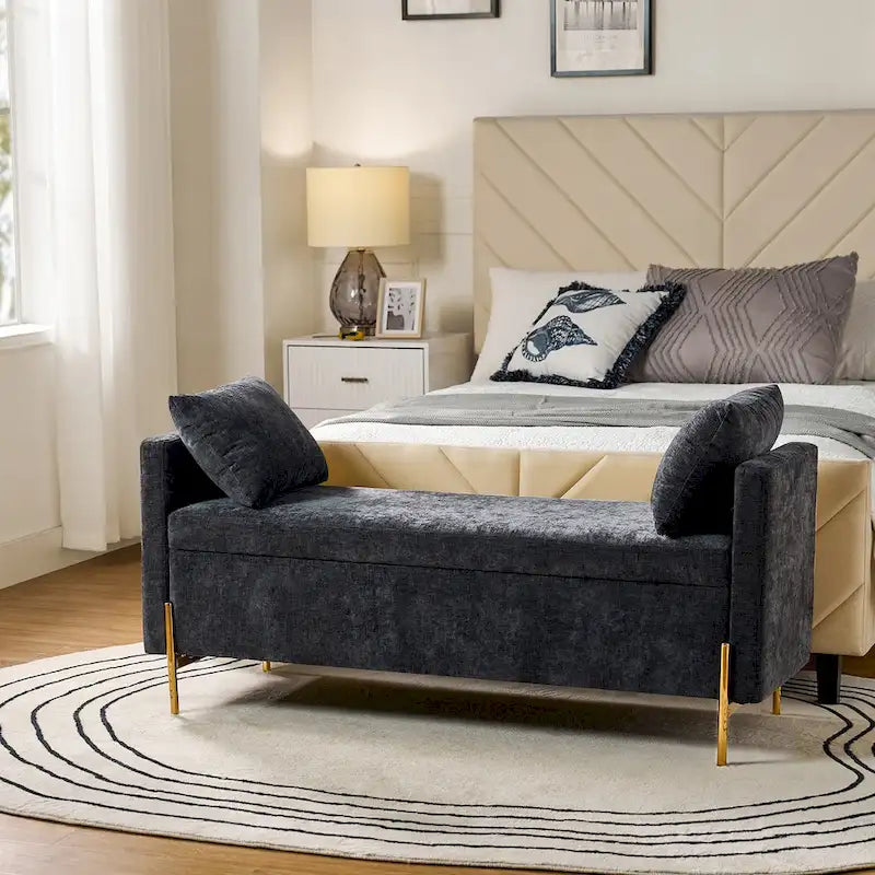 Banc de rangement capitonné à plateau relevable avec deux coussins et accoudoirs