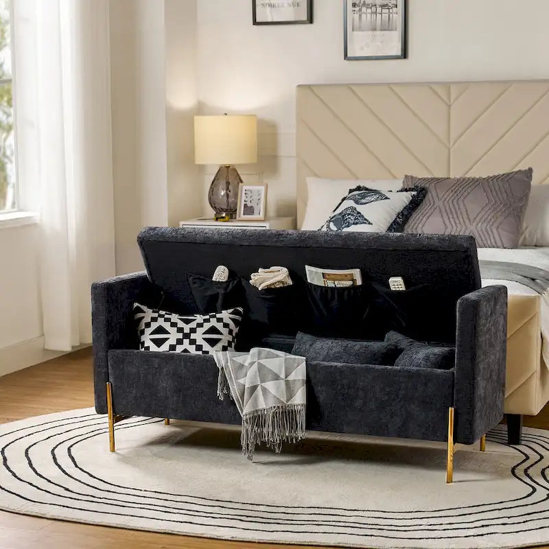 Banc de rangement capitonné à plateau relevable avec deux coussins et accoudoirs