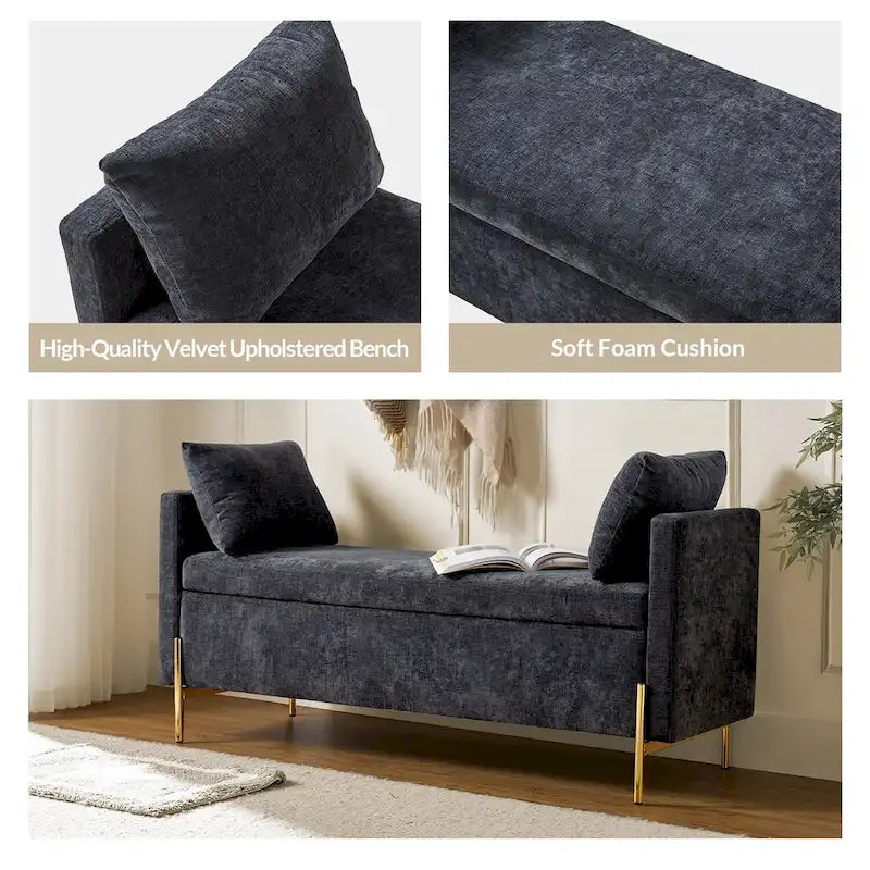 Banc de rangement capitonné à plateau relevable avec deux coussins et accoudoirs