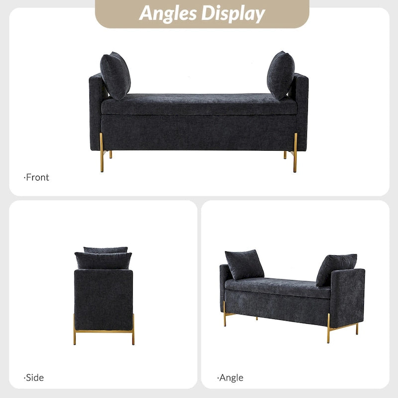 Banc de rangement capitonné à plateau relevable avec deux coussins et accoudoirs