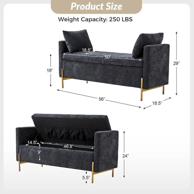 Banc de rangement capitonné à plateau relevable avec deux coussins et accoudoirs