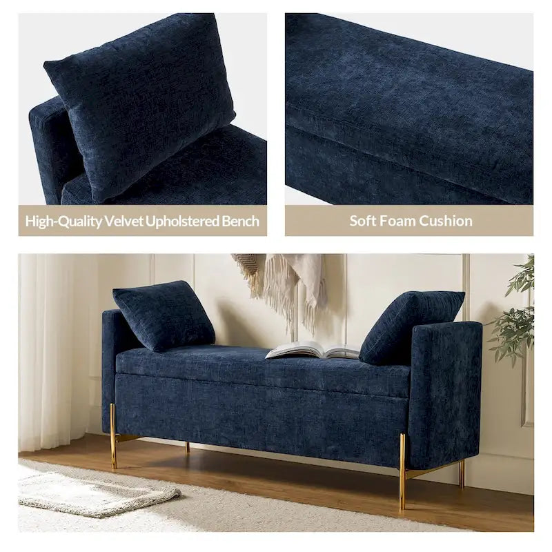 Banc de rangement capitonné à plateau relevable avec deux coussins et accoudoirs