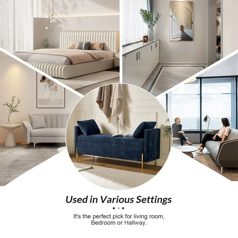 Banc de rangement capitonné à plateau relevable avec deux coussins et accoudoirs