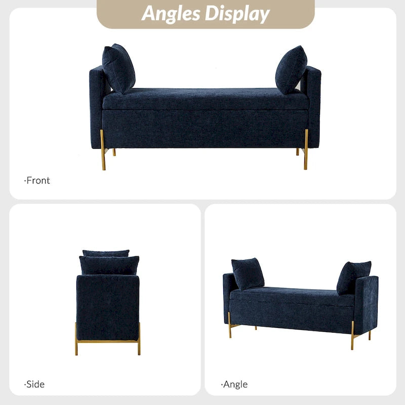 Banc de rangement capitonné à plateau relevable avec deux coussins et accoudoirs