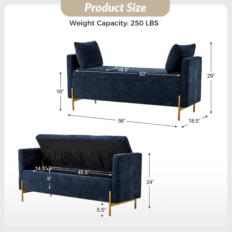 Banc de rangement capitonné à plateau relevable avec deux coussins et accoudoirs