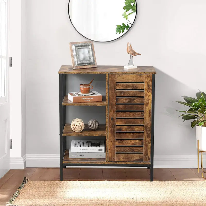 Meuble de rangement 3 étagères et 1 porte en bois manufacturé finition Noyer