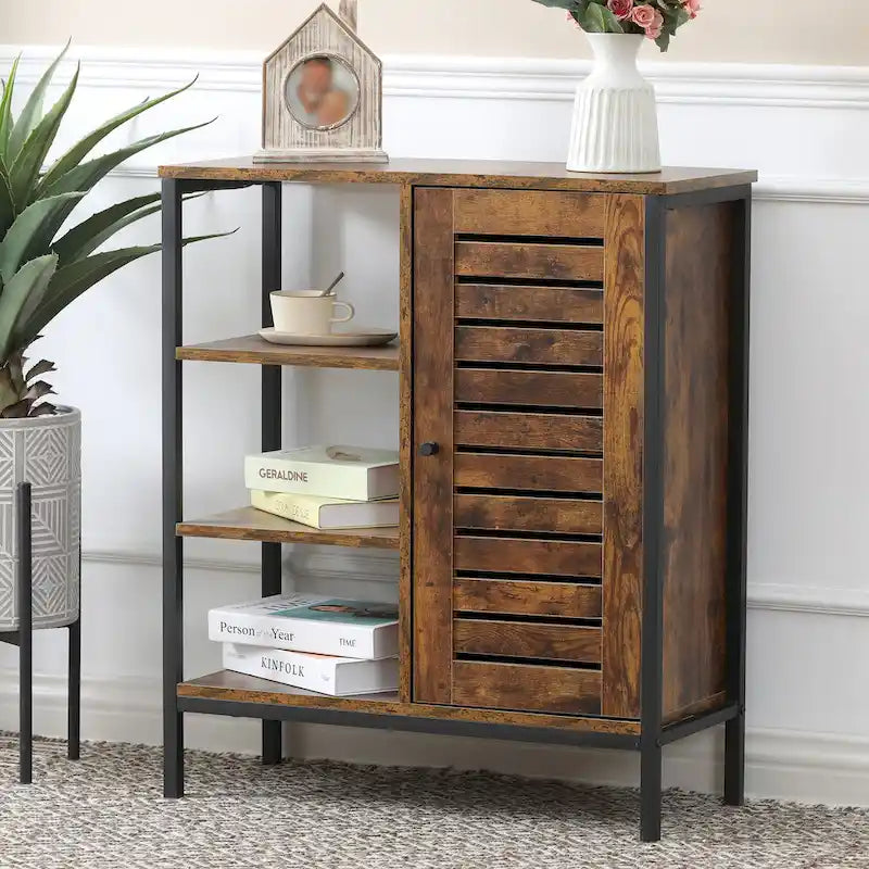 Meuble de rangement 3 étagères et 1 porte en bois manufacturé finition Noyer