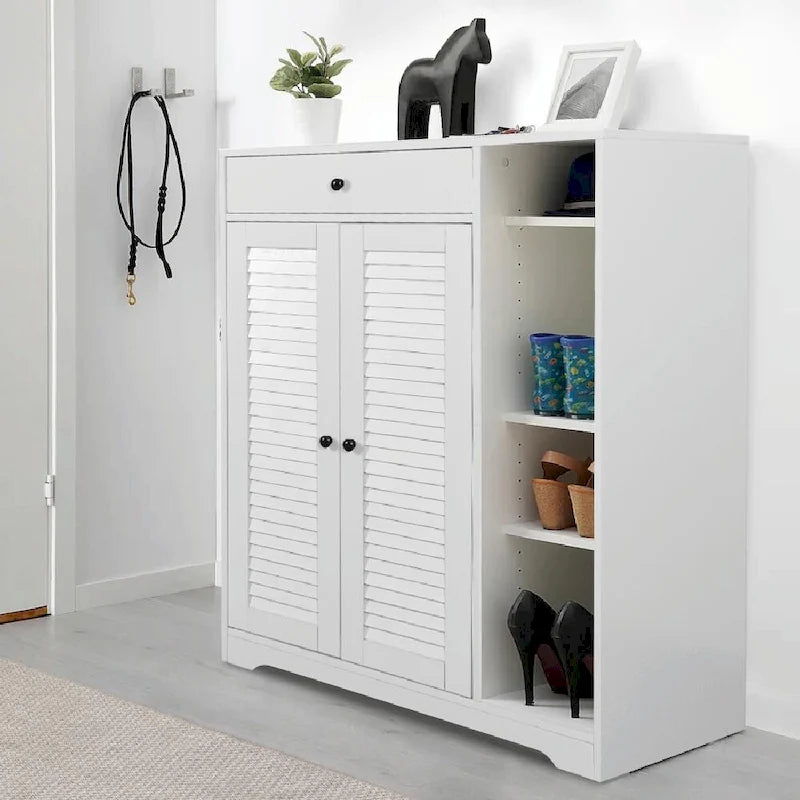 Meuble de rangement à chaussures autoportant avec 2 portes persiennes et étagère de rangement réglable