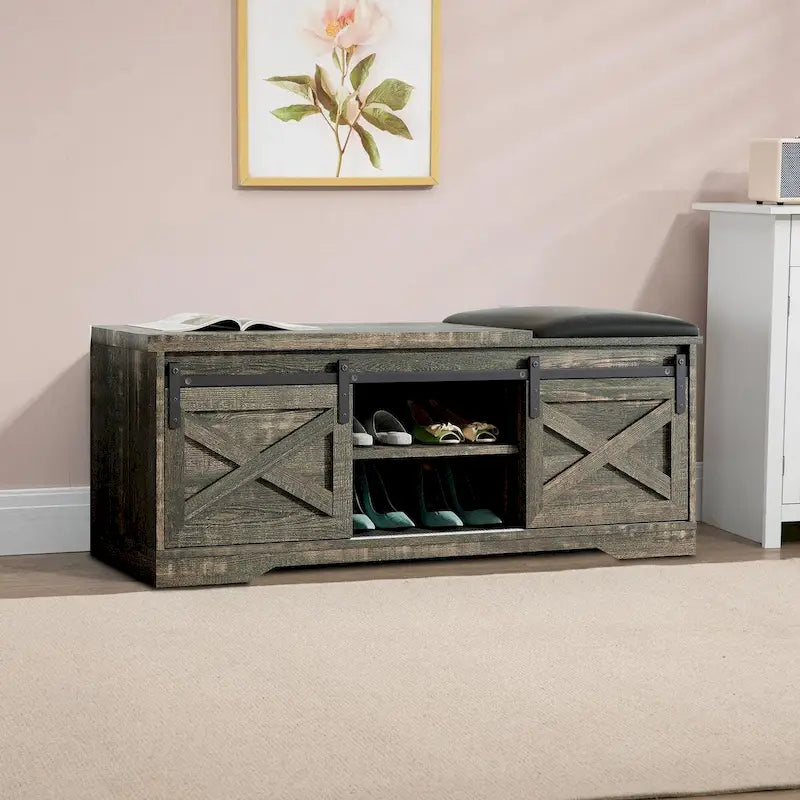 Banc de rangement en bois de style ferme vintage avec portes coulissantes