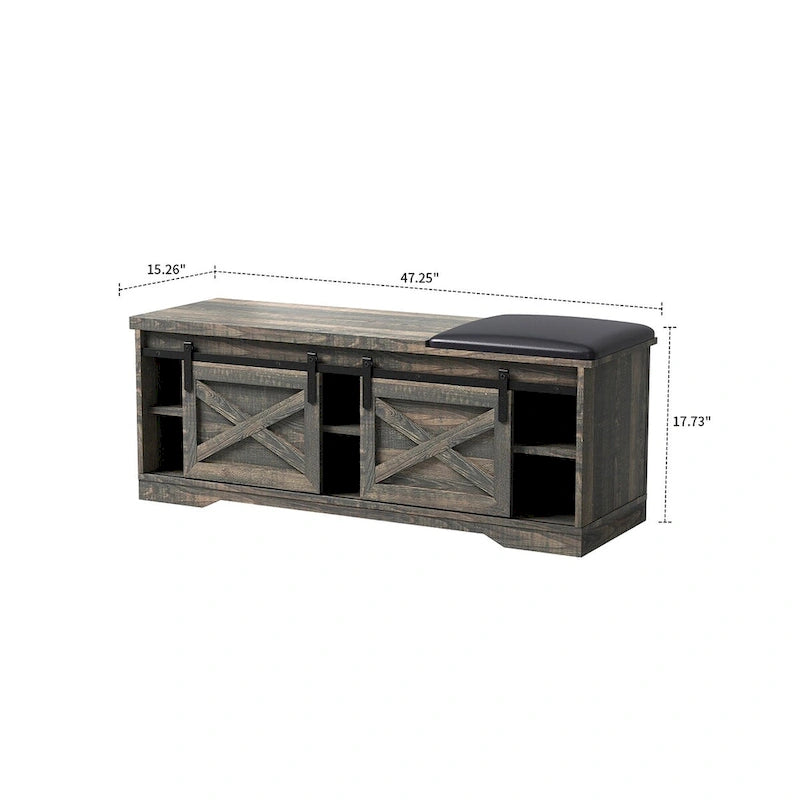 Banc de rangement en bois de style ferme vintage avec portes coulissantes