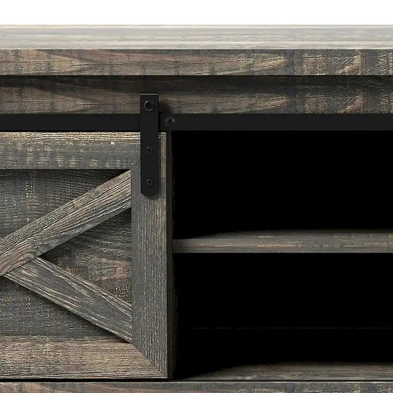Banc de rangement en bois de style ferme vintage avec portes coulissantes