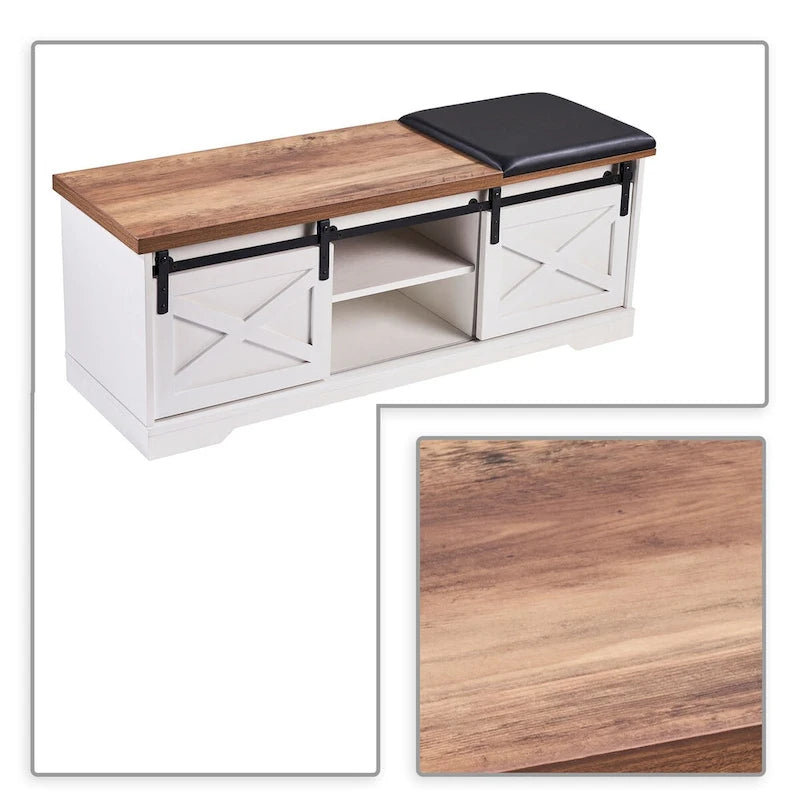 Banc de rangement en bois de style ferme vintage avec portes coulissantes