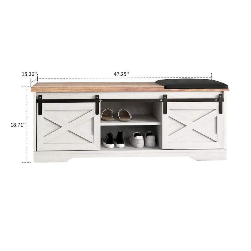 Banc de rangement en bois de style ferme vintage avec portes coulissantes