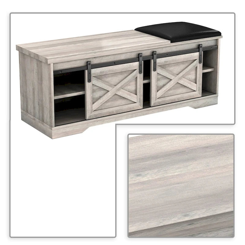 Banc de rangement en bois de style ferme vintage avec portes coulissantes