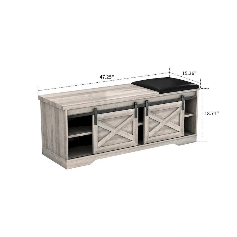 Banc de rangement en bois de style ferme vintage avec portes coulissantes