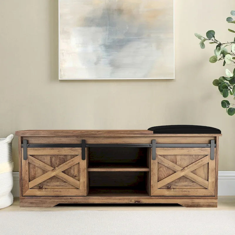 Banc de rangement en bois de style ferme vintage avec portes coulissantes