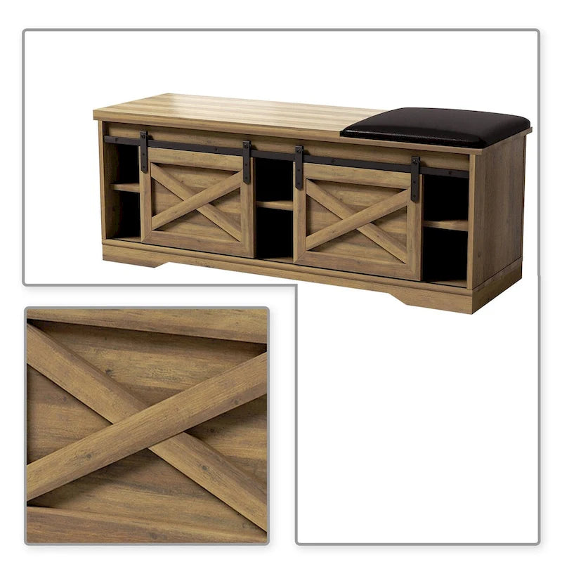 Banc de rangement en bois de style ferme vintage avec portes coulissantes