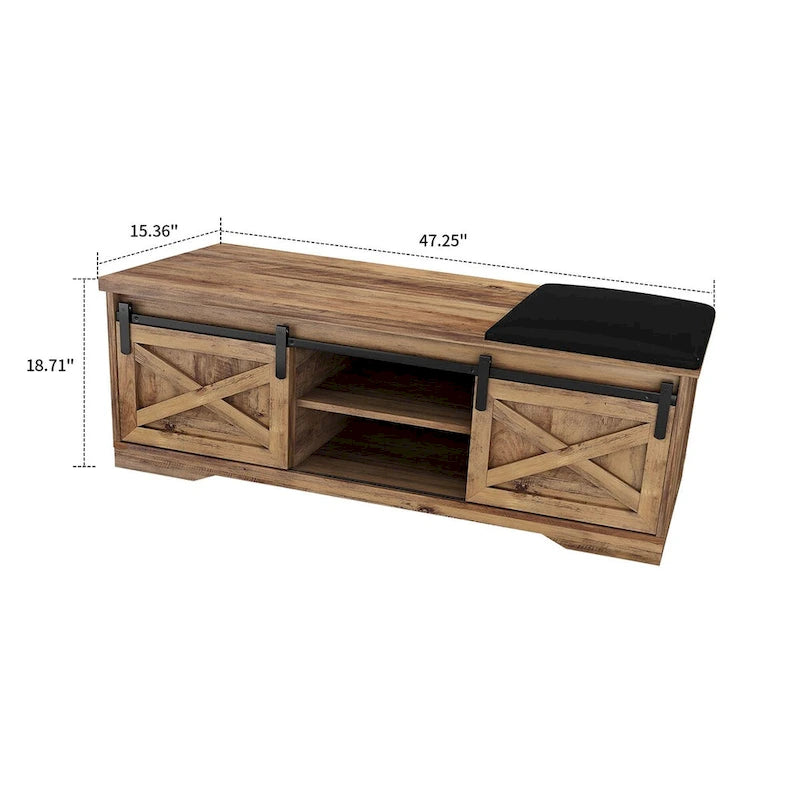 Banc de rangement en bois de style ferme vintage avec portes coulissantes