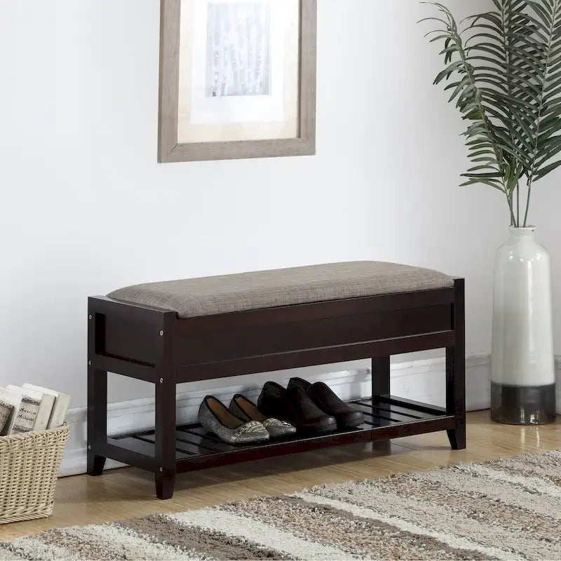 Banc en bois rembourré avec rangement à chaussures