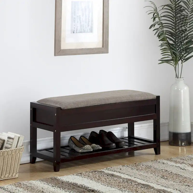 Fabric Seating Wood Bench with Shoe Storage