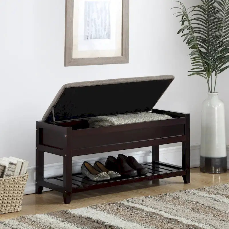Banc en bois rembourré avec rangement à chaussures