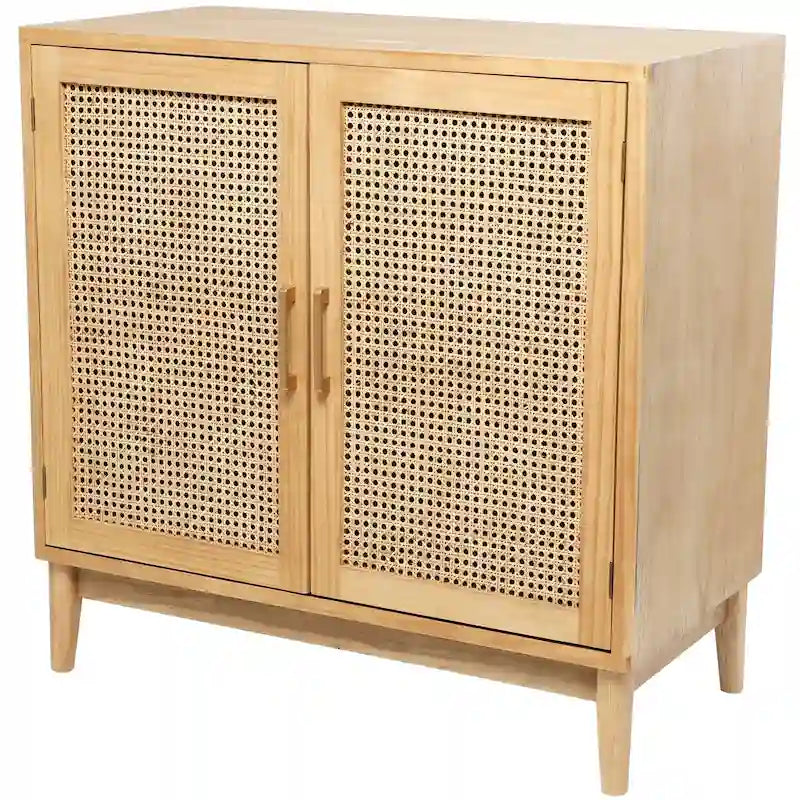 Meuble en bois 1 étagère et 2 portes avec façades en cannage et poignées dorées