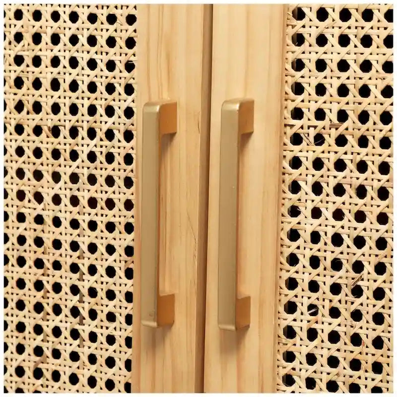 Meuble en bois 1 étagère et 2 portes avec façades en cannage et poignées dorées