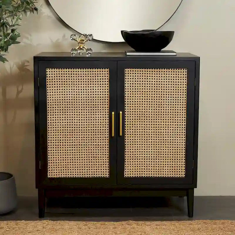 Meuble en bois 1 étagère et 2 portes avec façades en cannage et poignées dorées