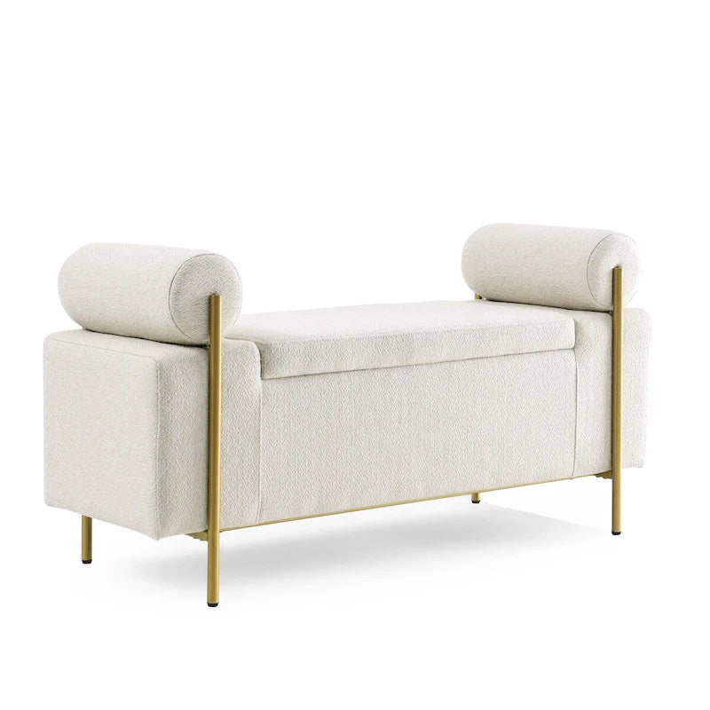 Banc de rangement capitonné en lin avec accoudoirs cylindriques