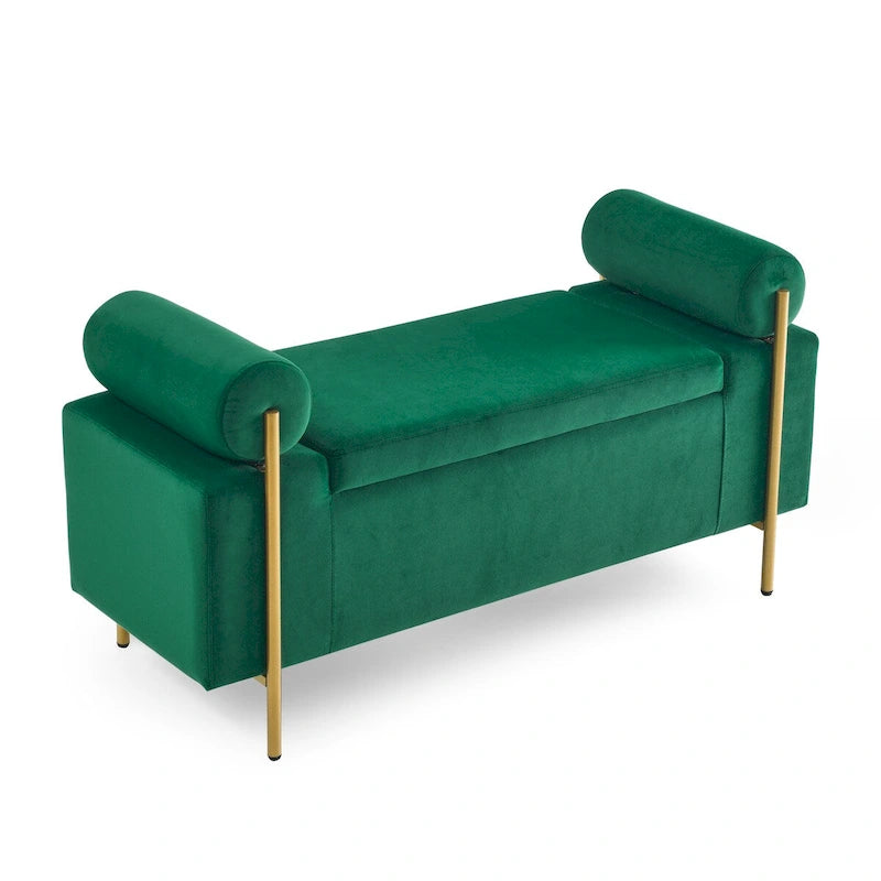 Banc de rangement capitonné en lin avec accoudoirs cylindriques