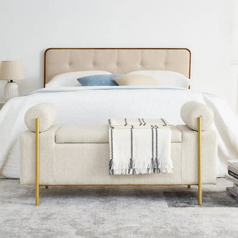 Upholstered Linen Storage Bench with Cylindrical Arms
