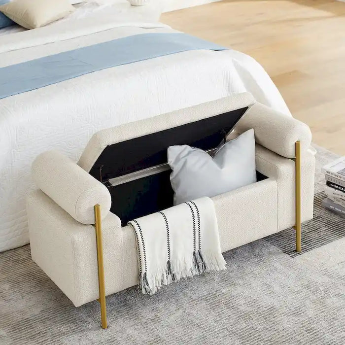 Banc de rangement capitonné en lin avec accoudoirs cylindriques
