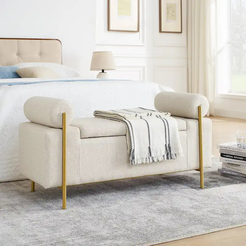 Banc de rangement capitonné en lin avec accoudoirs cylindriques
