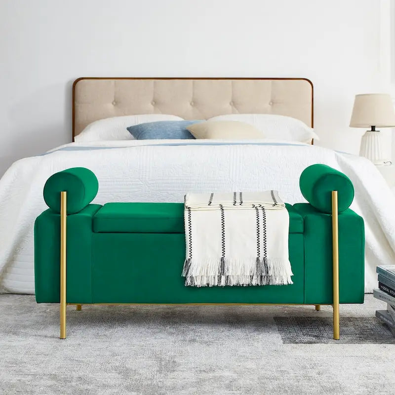 Banc de rangement capitonné en lin avec accoudoirs cylindriques