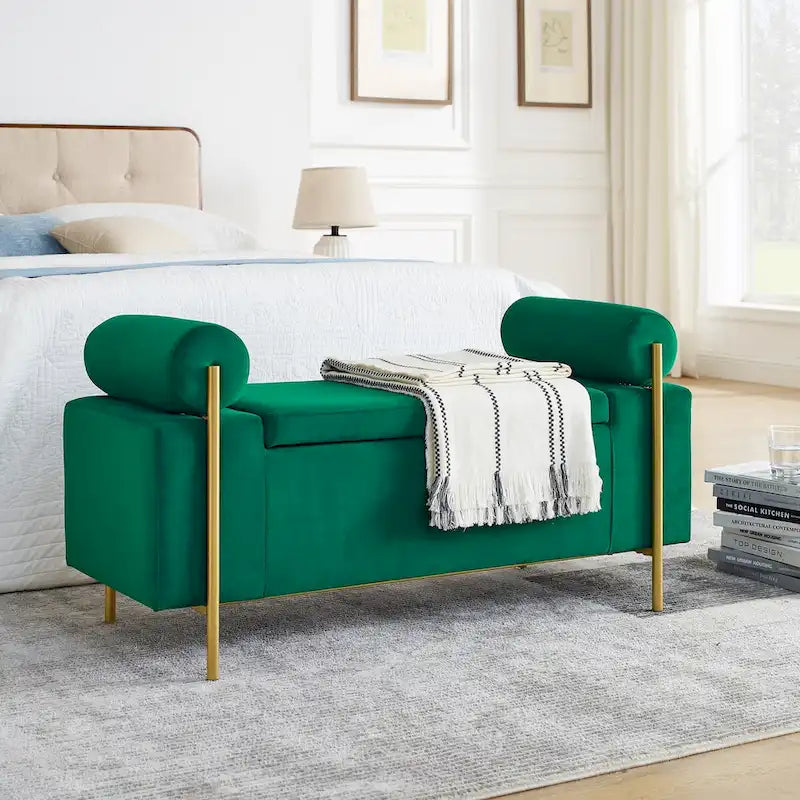 Banc de rangement capitonné en lin avec accoudoirs cylindriques