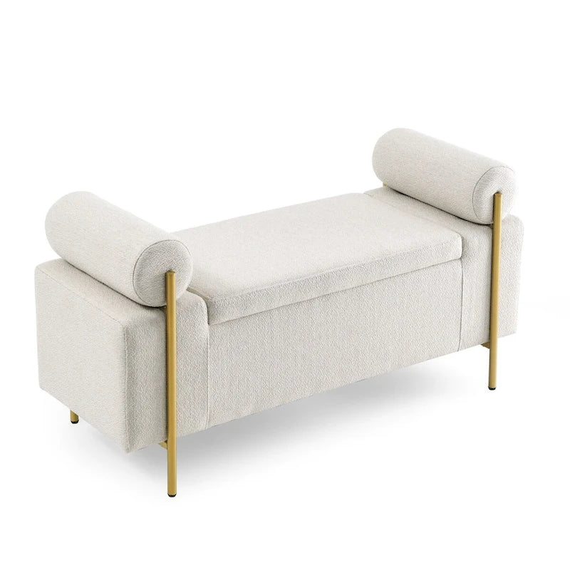 Banc de rangement capitonné en lin avec accoudoirs cylindriques