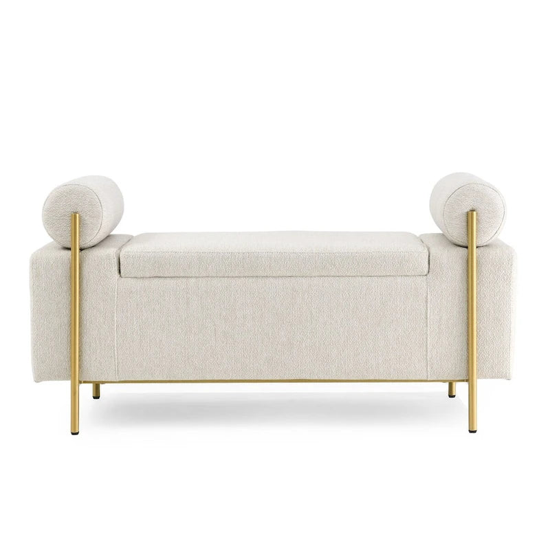 Banc de rangement capitonné en lin avec accoudoirs cylindriques