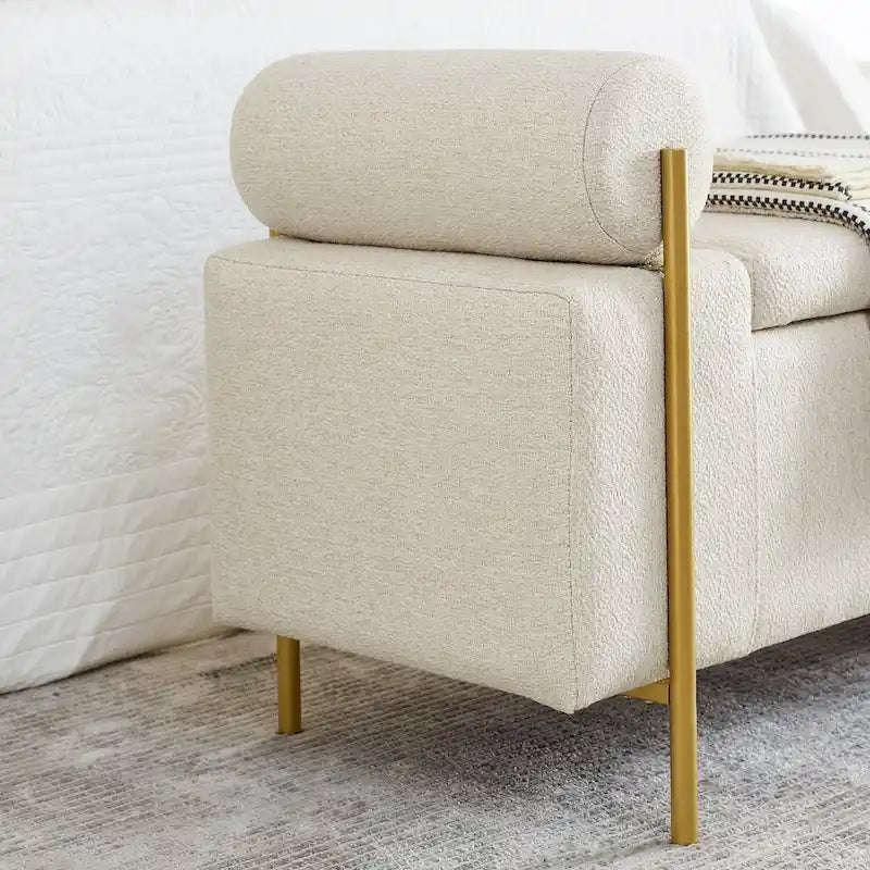 Banc de rangement capitonné en lin avec accoudoirs cylindriques