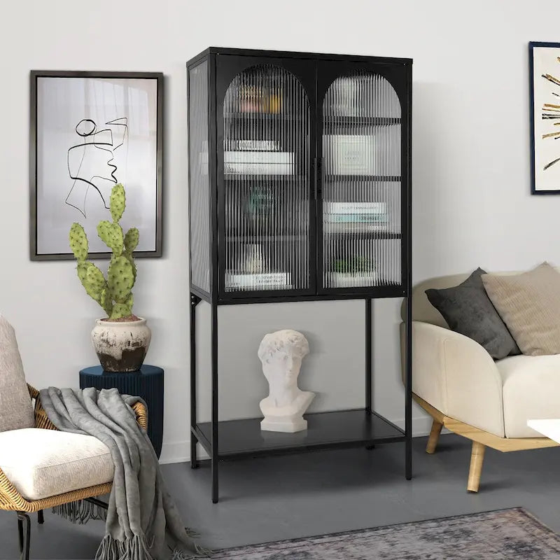 Meuble à étagères réglables avec 2 portes vitrées cintrées