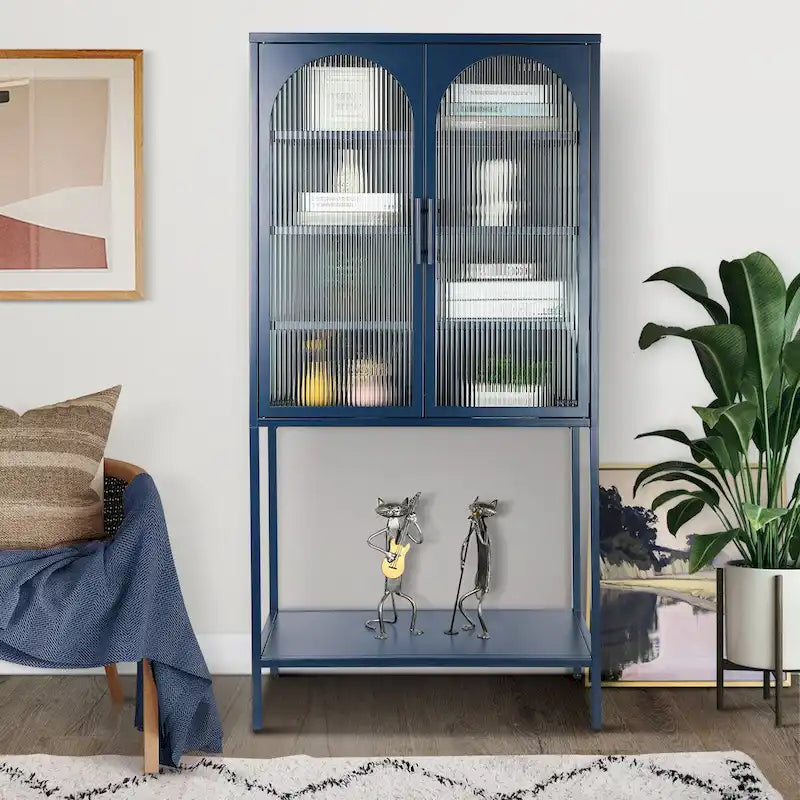 Meuble à étagères réglables avec 2 portes vitrées cintrées