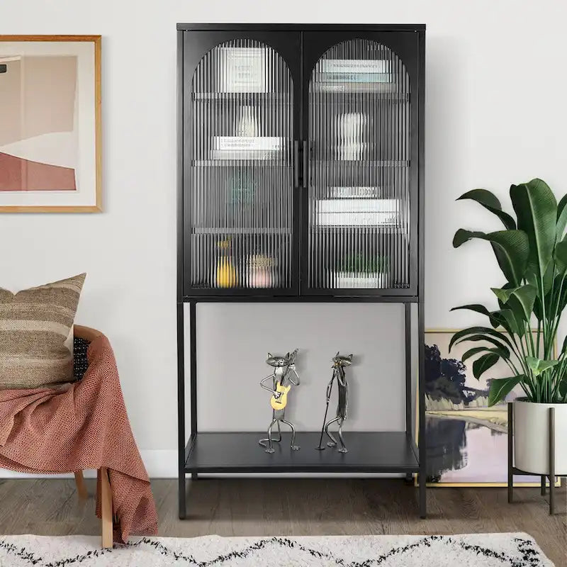 Meuble à étagères réglables avec 2 portes vitrées cintrées