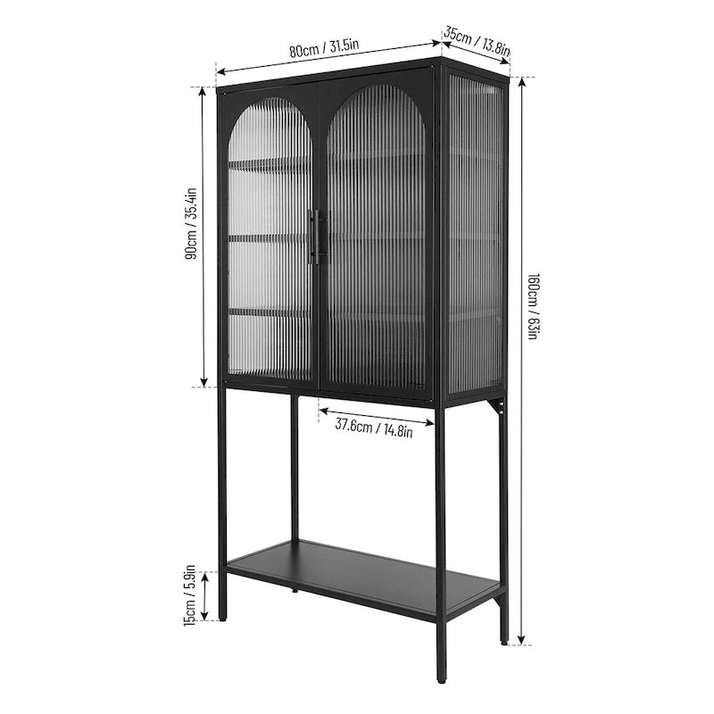 Meuble à étagères réglables avec 2 portes vitrées cintrées