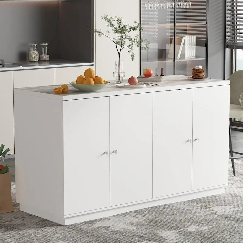 Bahut blanc avec de nombreux compartiments de rangement